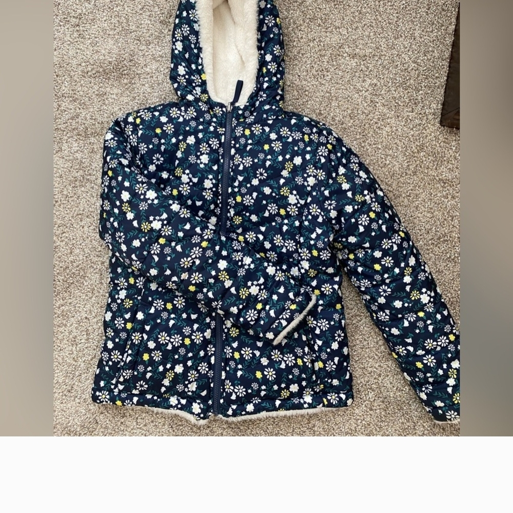 SO Girls Floral & Faux Fur Reversible Winter Jacket Size 7/8 AS IS